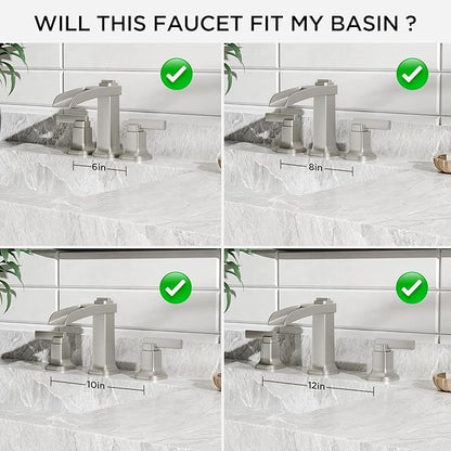 FORIOUS Brass Bathroom Faucets 3 Hole, Modern Waterfall Widespread 8 Inch Brushed Nickel Bathroom Sink Faucet with Metal Pop-up Drain and Pre-Assembled Hose for Vanity, Restroom, Bathtub