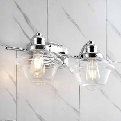 JONATHAN Y 16.75" Chrome Schoolhouse LED Vanity Light, Mid-Century Wall Sconce for Bathroom Kitchen Hallway, Clear Glass Shade, 2700K LED Bulb Included (JYL3531A)