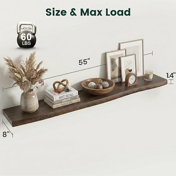 55 Inch Live Edge Floating Shelves, 8 Inch Deep Solid Elm Wood Wall Shelf, Heavy-Duty Wall Mounted Shelf with Invisible Brackets for Living Room, Bathroom, Kitchen, Set of 1, Walnut Color