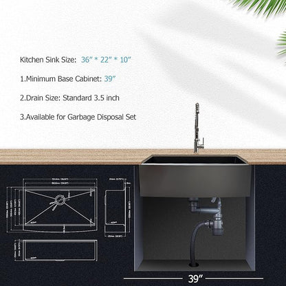 36 Black Farmhouse Sink - Lordear 36 Inch Kitchen Sink Ledge Workstation Gunmetal Black 16 Gauge Single Bowl Apron Front Farm Sinks Basin, 9" Apron Height