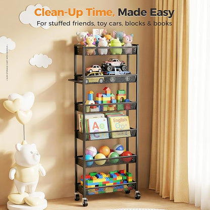 6 Tier Slim Storage Cart with Wheels, 6" D Rolling Storage Cart for Small Space, Metal Narrow Spice Cabinet Mobile Shelving Unit Organizer with Handle for Kitchen, Laundry - Black