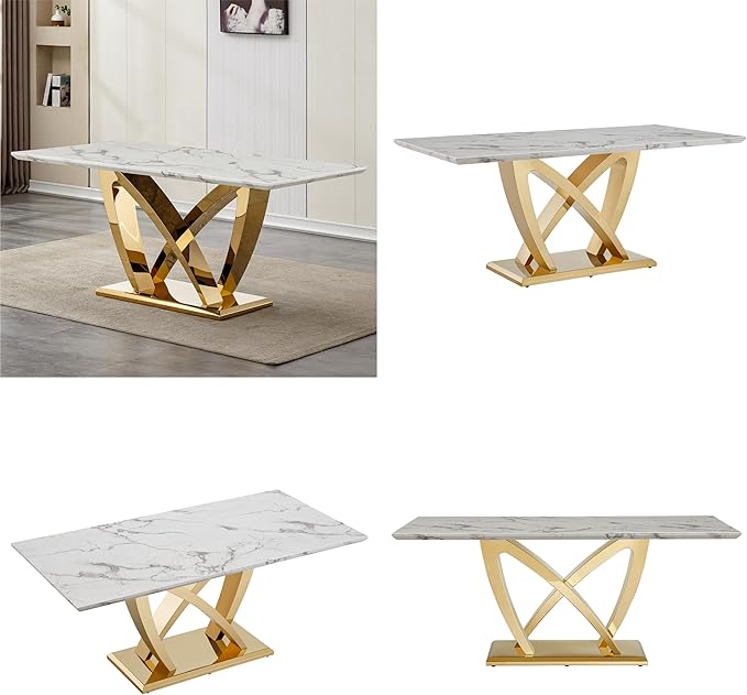 70" Faux Marble Dining Table for 6-8 People, Modern Rectangular Kitchen Table with Gold Mirror Finish Stainless Steel Base, Large Dining Room Table (Gold + Grey, Type2 + 70" Rectangle)