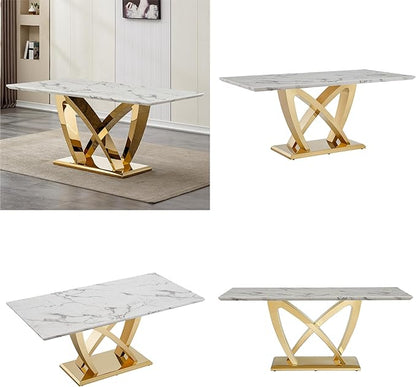 70" Faux Marble Dining Table for 6-8 People, Modern Rectangular Kitchen Table with Gold Mirror Finish Stainless Steel Base, Large Dining Room Table (Gold + Grey, Type2 + 70" Rectangle)