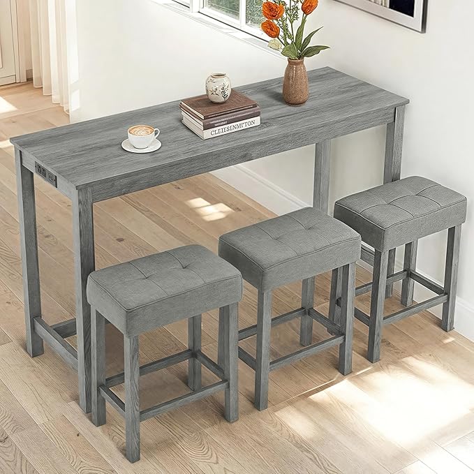LKTART Kitchen Bar Table and Chairs Set, 4 Piece Bar Height Dining Table Set with Power Outlet and 3 Upholstered Stools Industrial Breakfast Nook, Small Space Living Room, Gray