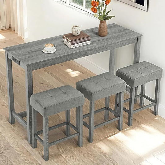 LKTART Kitchen Bar Table and Chairs Set, 4 Piece Bar Height Dining Table Set with Power Outlet and 3 Upholstered Stools Industrial Breakfast Nook, Small Space Living Room, Gray