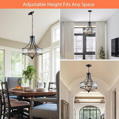 Crystal Chandeliers for Dining Room, Round Rustic Farmhouse Chandelier, Metal Shade, 4-Light Modern Chandelier for Hallway, Bedroom, Foyer Black