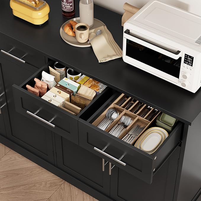HOSTACK 60" Large Buffet Sideboard with Storage, 36" Tall Kitchen Buffet Storage Cabinet with 4 Drawer, Modern Coffee Bar Cabinet with Silver Handle, Long Sideboard Buffet Table for Living Room, Black