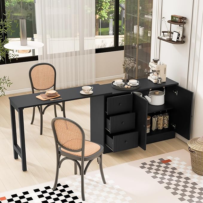 Virubi Kitchen Island with Extendable Table,3 Drawers and Storage Cabinet, Wood Sideboard Buffet Cabinet with Storage, for Living Room, Kitchen,Dining Room (Black)