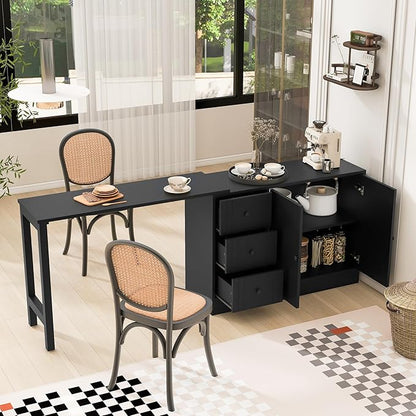 Virubi Kitchen Island with Extendable Table,3 Drawers and Storage Cabinet, Wood Sideboard Buffet Cabinet with Storage, for Living Room, Kitchen,Dining Room (Black)