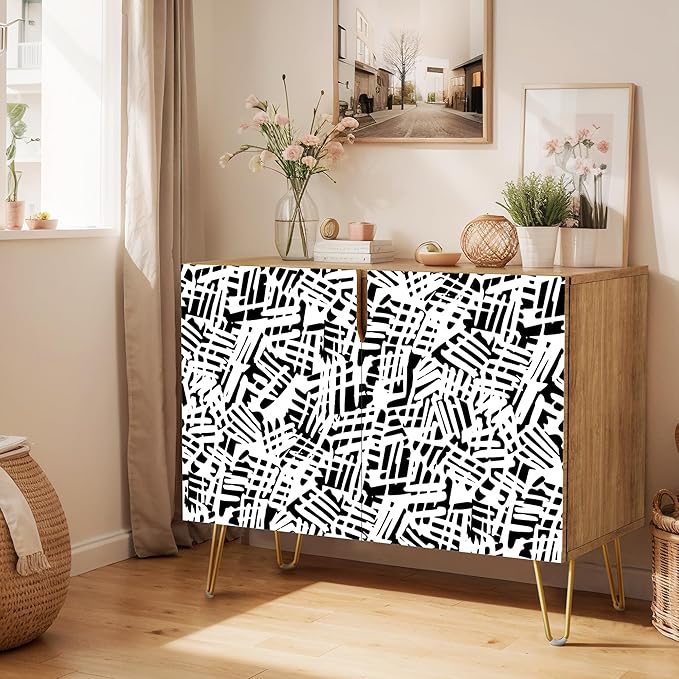 SIGNWIN Sideboard Buffet Cabinet, Kitchen Storage Cabinet with 2 Doors, Black & White Grunge Paint, Cupboard Console Table for Dining Room - 35" L x 18" W x 29" H