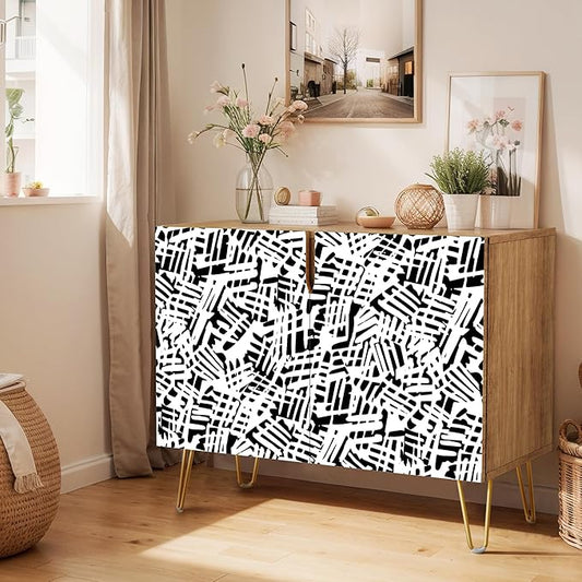 SIGNWIN Sideboard Buffet Cabinet, Kitchen Storage Cabinet with 2 Doors, Black & White Grunge Paint, Cupboard Console Table for Dining Room - 35" L x 18" W x 29" H
