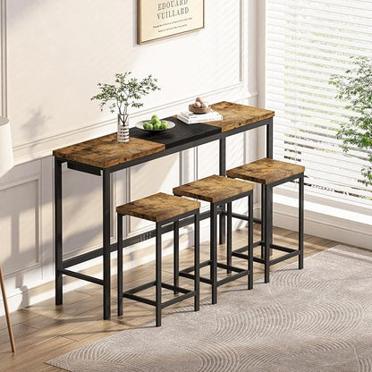 4 Piece Modern Design Kitchen Dining Table,1 Bar Table and Small Kitchen Table Set for 3,Wooden Counter Height Table Set for Kitchen,Convenient Hanging Stool Design,Dining Room Island Table (Natural)