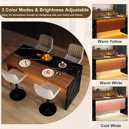 63" Modern Kitchen Island with Marble-Look Surface with 2/4 Bar Stools, Island Table with LED Lights, for Kitchen,Dining Room, Bar, Office, Living Room (Black+4Grey)