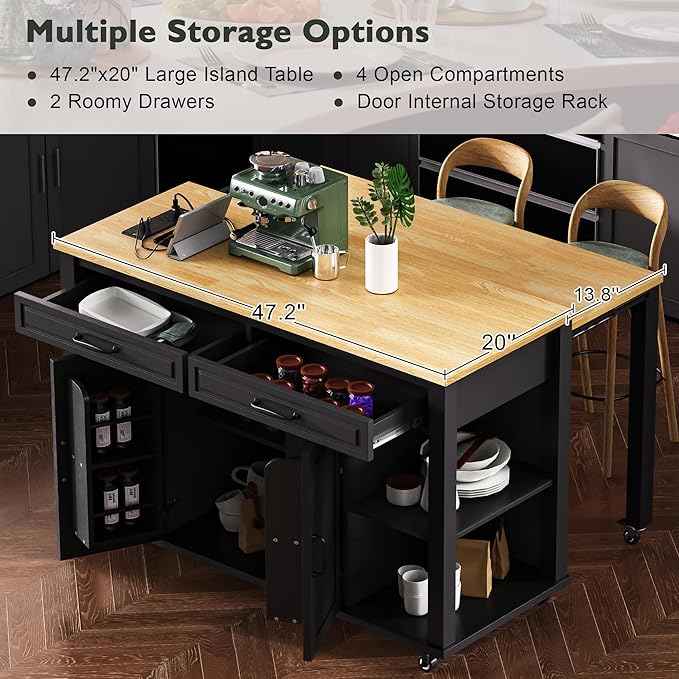 Modern Dining Table Kitchen Island with Extendable Countertop Internal Rack Power Outlet Adjustable Sturdy Stable Easy Clean Luxury,Black-Wood