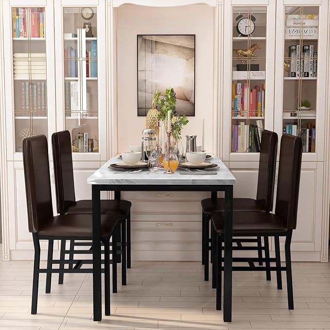 AWQM 5 Piece Dinning Table Sets for 4, Marble Kitchen Table and Chairs for 4,Dining Room Table Set with PU Leather Chairs,Faux Marble Dining Set for Small Spaces,Living Room,White+Brown