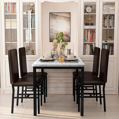 AWQM 5 Piece Dinning Table Sets for 4, Marble Kitchen Table and Chairs for 4,Dining Room Table Set with PU Leather Chairs,Faux Marble Dining Set for Small Spaces,Living Room,White+Brown