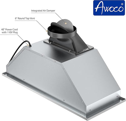 Awoco 11-3/4"D Built-in/Insert Stainless Steel Range Hood, 4-Speed, 600 CFM, LED Lights, Mesh Filters for Wood Hood (28"W 12"D Mesh Filters)