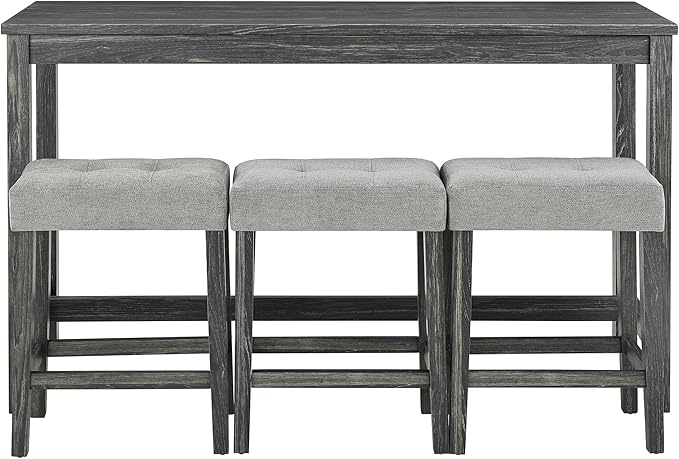 Merax Industrial Bar Table Set with Power Outlet, 4-Piece Counter Height Dining Set with Linen Fabric Stools for Kitchen, Breakfast Nook, Game Room,Black Gray+ Gray