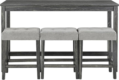 Merax Industrial Bar Table Set with Power Outlet, 4-Piece Counter Height Dining Set with Linen Fabric Stools for Kitchen, Breakfast Nook, Game Room,Black Gray+ Gray