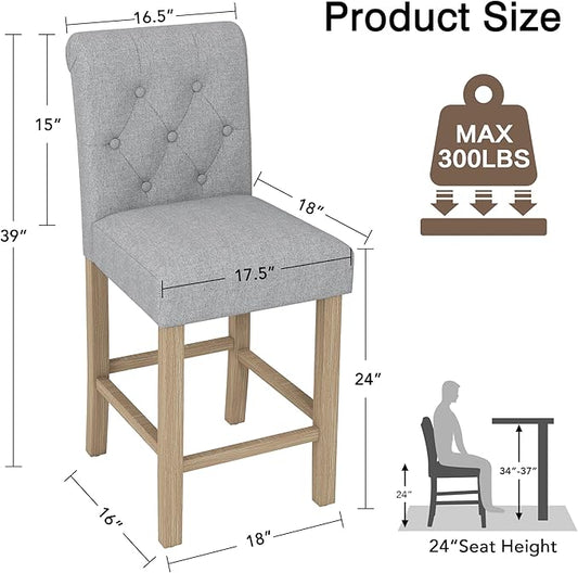 LSSBOUGHT 24" Bar Stools Set of 4 for Kitchen Island Upholstered Counter Height Bar Stools with Button Tufted Decoration Barstools Home Kitchen Island Wooden Bar Chairs, Beige