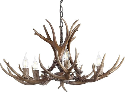 JONATHAN Y 30" Brown Rustic Resin Antler 5-Light LED Chandelier, Farmhouse Faux Deer Horn Hanging Ceiling Light for Dining Room, Kitchen Island, Adjustable Light Fixture (JYL6300A)