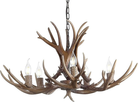 JONATHAN Y 30" Brown Rustic Resin Antler 5-Light LED Chandelier, Farmhouse Faux Deer Horn Hanging Ceiling Light for Dining Room, Kitchen Island, Adjustable Light Fixture (JYL6300A)