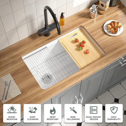 Offset Drain White Fireclay Undermount Workstation Kitchen Sink 30 Inch, Topmount White Undermount Sink 30''x19''x10'' Drop In, Deep Single Bowl Heavy Duty, Dual Mount, for Kitchen, Island