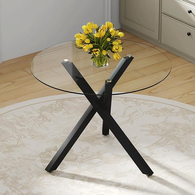 Round Glass Dining Table 39 Inch Modern Round Kitchen Table with Metal Legs Durable Stylish Dinner Table for Dining Room Kitchen