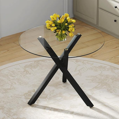 Round Glass Dining Table 39 Inch Modern Round Kitchen Table with Metal Legs Durable Stylish Dinner Table for Dining Room Kitchen