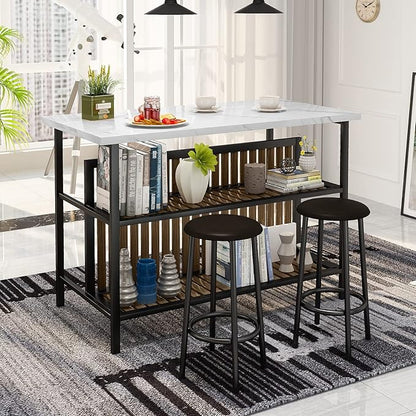 AWQM Kitchen Island with Seating & Storage Shelf, Faux Marble Island Table for Kitchen, Modern Bar Table and Chairs Set for 2,Dining Table Set for Small Space,White