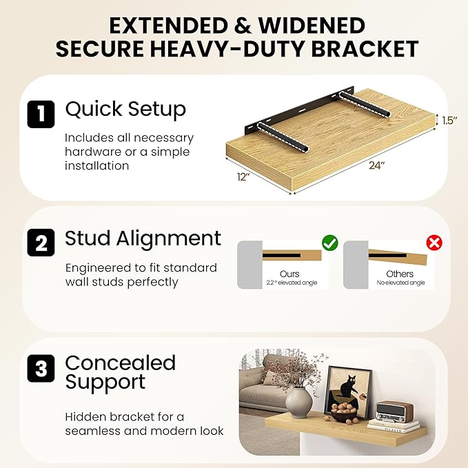 12 Inch Deep Floating Shelves, 60W x 12D Floating Shelf for Books, Rustic Wood Deep Wall Shelves for Home Storage & Display, 1.5" Thicked Shelves for Kitchen, Living Room, Bedroom, Oak, 1 Pack