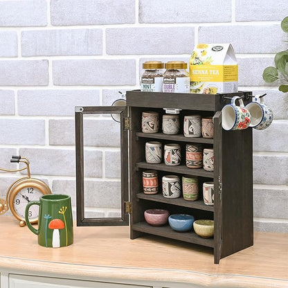 Ikee Design Small Wooden Countertop Storage Cabinet with Adjustable Shelves and Removable Hooks, Perfect for Perfume, Pantry, Essential Oil, 10.4W x 6.1D x 14.4H in, Dark Brown