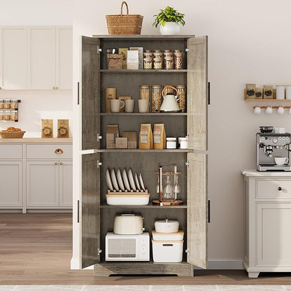GarveeLife 70" Tall Kitchen Pantry,Farmhouse Storage Cabinet with Adjustable Shelves,Farmhouse Pantry Cabinet with 4 Barn Doors, for Kitchen,Dining Room,Living Room.(Grey)