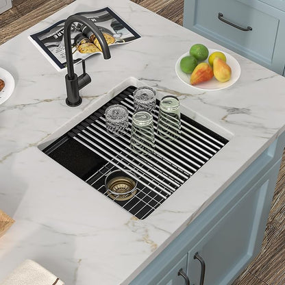18 Undermount Bar Sink Workstation - Fulorni 18"x18" Undermount Wet Bar Sink Matte Black Granite Composite Quartz Classic Single Bowl Under Counter Small Kitchen Bar Prep RV Sink Basin
