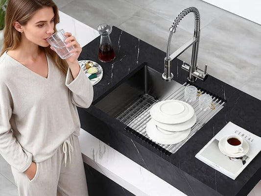 MENATT 24 Inch Undermount Kitchen Sink, 18 Gauge 304 Stainless Steel Single Bowl with Drying Rack & Bottom Grid, 9" Deep Compact Sink for Kitchen, Laundry, Bar