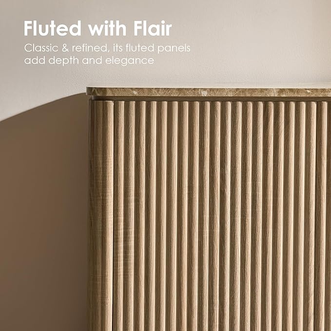 Fluted 2 Doors Sideboard Cabinet with Storage, 34" Wooden Credenza with Shelves, Faux Marble-Top Coffee Bar Console Table, Modern Buffet Cabinet for Dining, Kitchen, Living Room, Entryway, Natural Oak