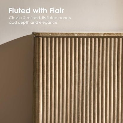 Fluted 2 Doors Sideboard Cabinet with Storage, 34" Wooden Credenza with Shelves, Faux Marble-Top Coffee Bar Console Table, Modern Buffet Cabinet for Dining, Kitchen, Living Room, Entryway, Natural Oak