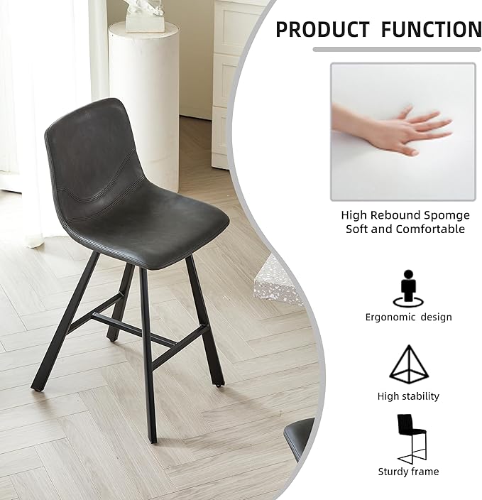 26" Counter Height Bar Stools Set of 2,Faux Leather Barstools with Ergonomic Backrest & Footrest, Sturdy Black Metal Frame PU Bar Chairs for Kitchen Island, Home Bar, Restaurant (Black)