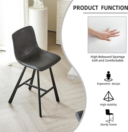 26" Counter Height Bar Stools Set of 2,Faux Leather Barstools with Ergonomic Backrest & Footrest, Sturdy Black Metal Frame PU Bar Chairs for Kitchen Island, Home Bar, Restaurant (Black)