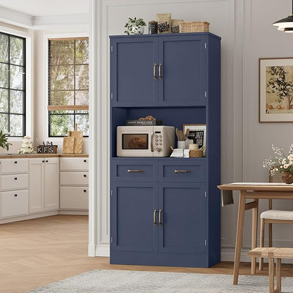 HOSTACK 71“ Tall Kitchen Pantry Storage Cabinet, Modern Kitchen Hutch Bar Cabinet with Microwave Stand, Wood Buffet Sideboard with Hutch, Cupboard with Drawers, Shelves for Dining Room, Blue
