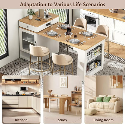 Kitchen Island with Extendable Table, Extendable Wood Kitchen Storage Cabinet with 2 Drawers and Open Shelves, Foldable Storage Table with Power Outlet, White
