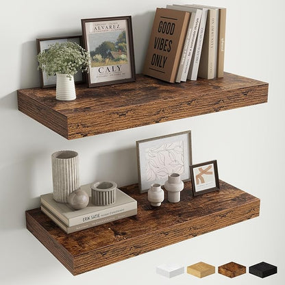 Fun Memories 24 Inch Floating Shelves Wall-Mounted, 12 Inch Deep Wall Shelves, 24 x 12 Floating Shelf, Deep Storage Shelf for Living Room Bathroom Bedroom, Rustic Brown, Set of 2