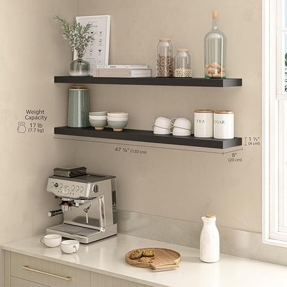 Ballucci Floating Shelves for Wall, 48" Wood Wall Shelf Set of 2, with Invisible Brackets for Bathroom, Living Room, Bedroom, Kitchen, Nursery, 8" Deep, Black