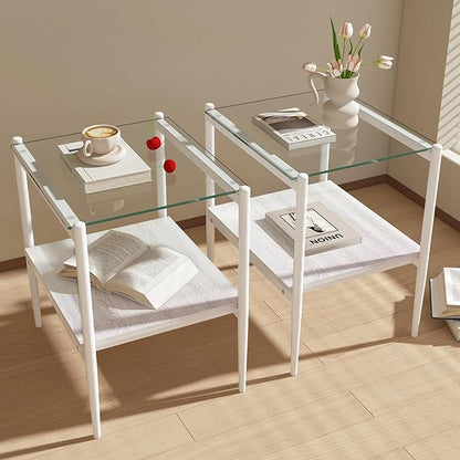 Set of 2 Glass End Table, 2-Layer Glass Living Room Table, Modern Tea Table Side Tables for Home Office Furniture