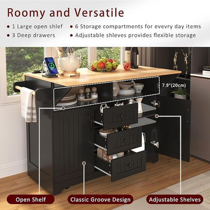 55.7'' Large Kitchen Island with 2 Drop Leaf, Rolling Kitchen Cart on 5 Wheels with Power Outlet, Folding Storage Dining Table with Spice and Towel Rack, 3 Drawers for Kitchen, Dining Room (Black-JAB)
