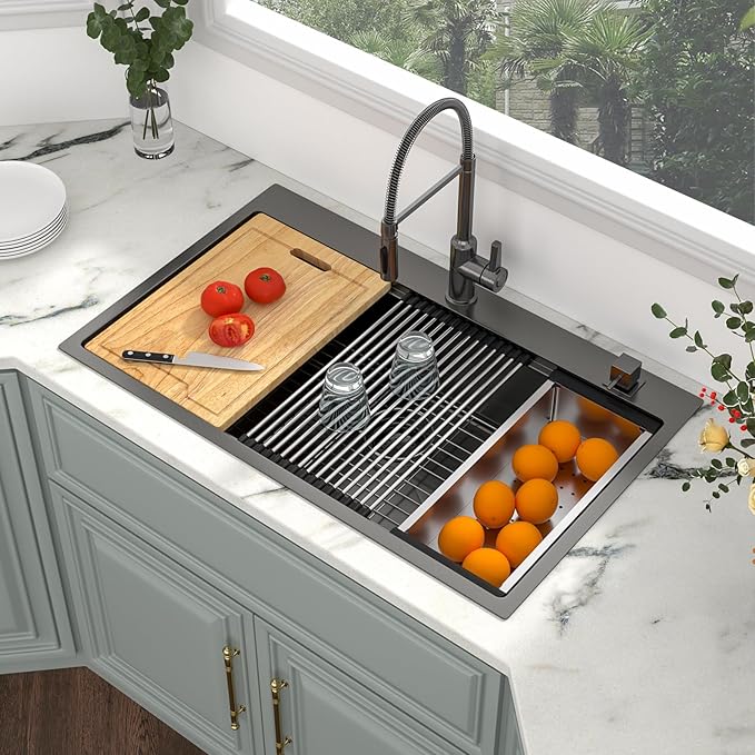 Kichae 36 Black Kitchen Sink Drop In - 36x22 Drop Sink Gunmetal Black Stainless Steel 16G Single Bowl Kitchen Sinks Workstation Handmade Topmount Basin