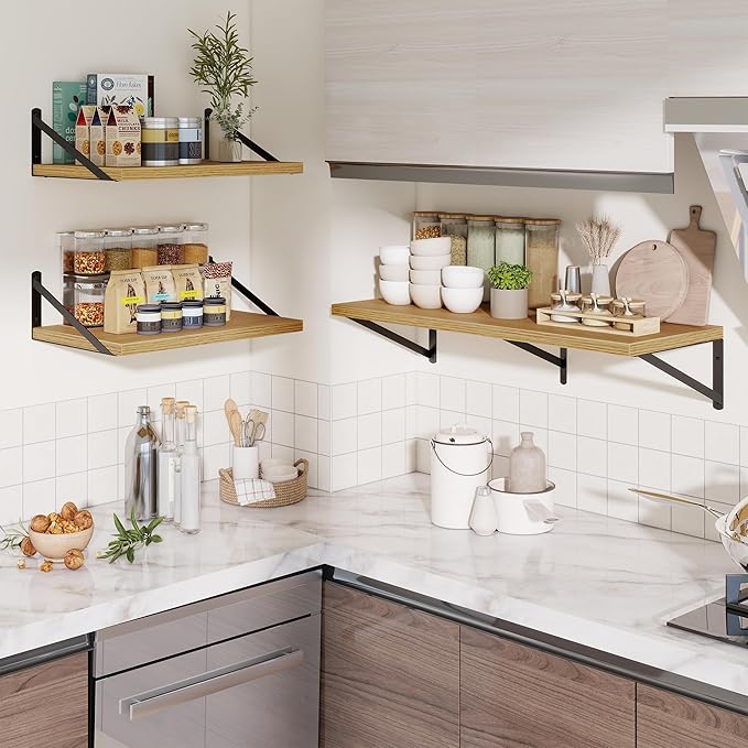 Deep Wall Shelves 24"W x 12"D Engineered Wood Floating Shelves for Wall, Sturdy Metal Bracket Bookshelves Home Decor Storage for Living Room Bedroom Bathroom Kitchen, Set of 2, Oak Finish