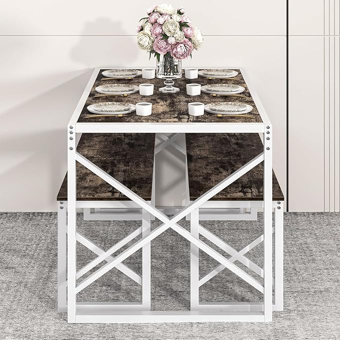 VECELO Kitchen Dining Table Benches Set for 4/6, 55" Wooden Dinette with 2 Benches, Large Embedded Desktop for Small Space, Breakfast Nook, Dark Brown