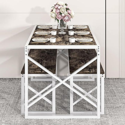 VECELO Kitchen Dining Table Benches Set for 4/6, 55" Wooden Dinette with 2 Benches, Large Embedded Desktop for Small Space, Breakfast Nook, Dark Brown