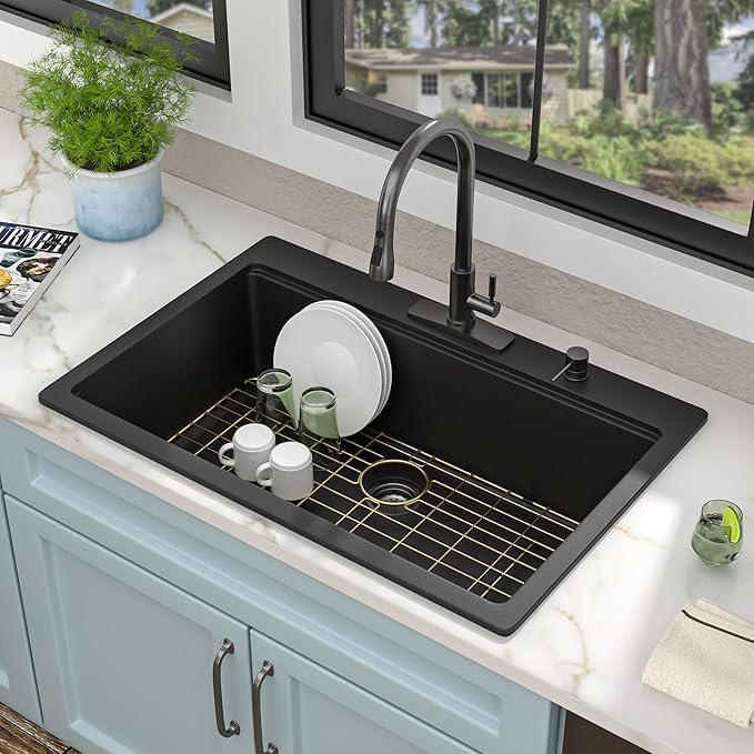 33"x22" Granite Composite Kitchen Sink – Matte Black Ledge Workstation Drop In Top Mount Granite Quartz Classic Luxury Above Counter Single Bowl Sink Basin